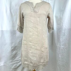 ALESSIA PACINI Beige 100% Linen Mini Dress Crochet Lace Womens XS Made in Italy